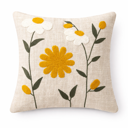 Embroidered Daisy Cushion Cover – Floral Cotton Throw Pillow Cover in Neutral Beige with Yellow Flowers