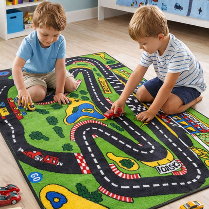 Kids Formula Racing Track Carpet – F1 Style Play Rug with Roads & Cars for Kids Room