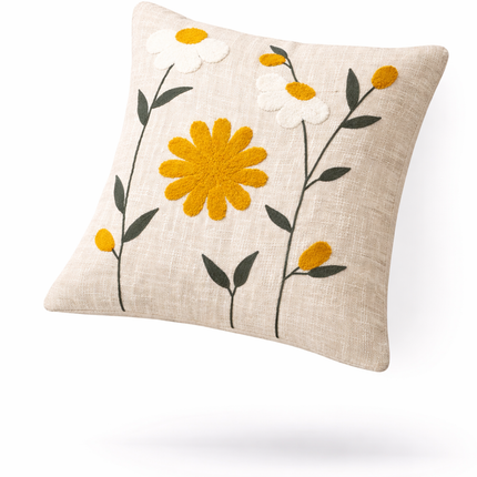 Embroidered Daisy Cushion Cover – Floral Cotton Throw Pillow Cover in Neutral Beige with Yellow Flowers