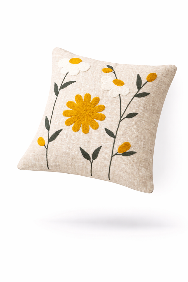 Embroidered Daisy Cushion Cover – Floral Cotton Throw Pillow Cover in Neutral Beige with Yellow Flowers