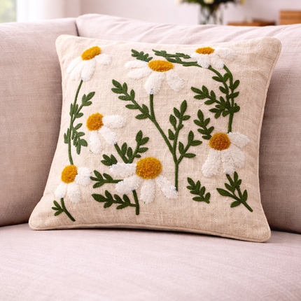 Boho Daisy Embroidered Cushion Cover – White Floral Cotton Decorative Throw Pillow