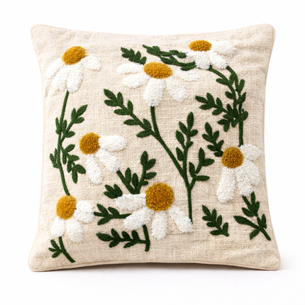 Boho Daisy Embroidered Cushion Cover – White Floral Cotton Decorative Throw Pillow