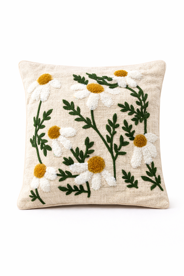 Boho Daisy Embroidered Cushion Cover – White Floral Cotton Decorative Throw Pillow