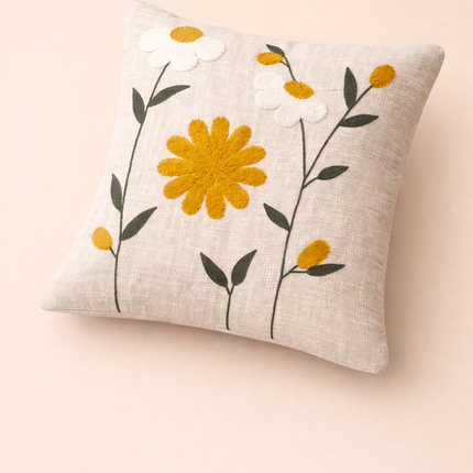Embroidered Daisy Cushion Cover – Floral Cotton Throw Pillow Cover in Neutral Beige with Yellow Flowers