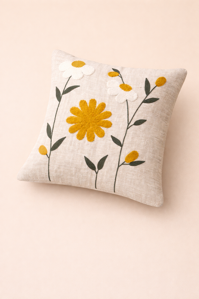Embroidered Daisy Cushion Cover – Floral Cotton Throw Pillow Cover in Neutral Beige with Yellow Flowers