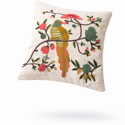 Embroidered Bird Cushion Cover – Floral Cotton Decorative Throw Pillow Cover with Boho Nature Design