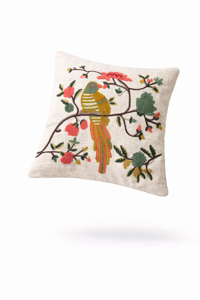 Embroidered Bird Cushion Cover – Floral Cotton Decorative Throw Pillow Cover with Boho Nature Design