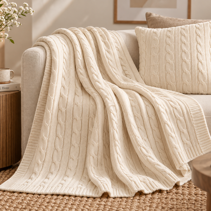 Ivory Cable Knit Throw Blanket – 70 × 90 Inch | Soft Textured Decorative Sofa & Bed Throw