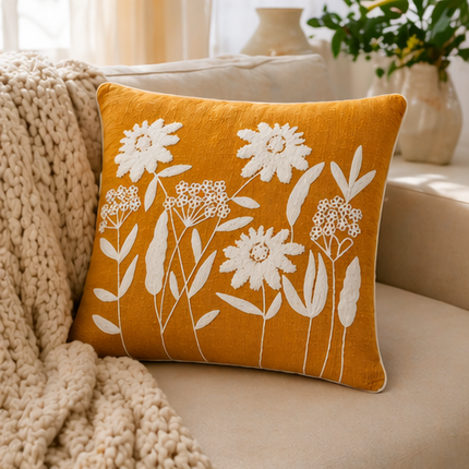 Mustard Daisy Embroidered Cushion Cover – Boho Floral Cotton Throw Pillow