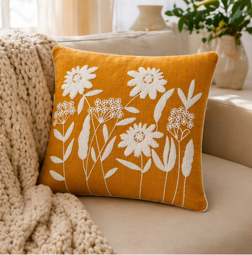 Mustard Daisy Embroidered Cushion Cover – Boho Floral Cotton Throw Pillow