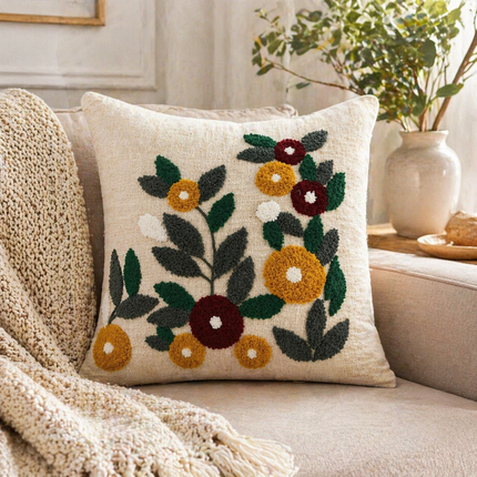Rustic Bloom Embroidered Cushion Cover