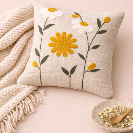 Embroidered Daisy Cushion Cover – Floral Cotton Throw Pillow Cover in Neutral Beige with Yellow Flowers