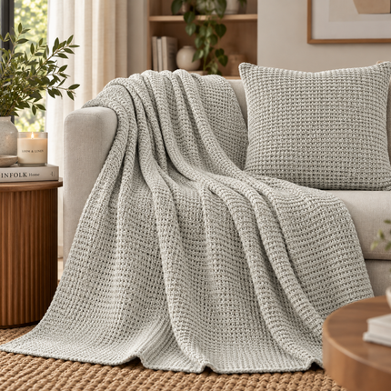 Grey Waffle Knit Throw Blanket – Soft Textured Sofa & Bed Throw | 70 × 90 Inch