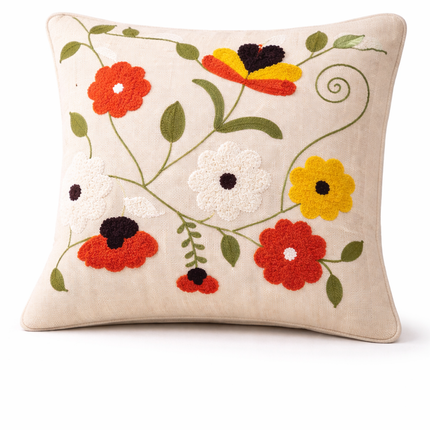 Boho Wildflower Embroidered Cushion Cover – Colorful Floral Cotton Throw Pillow
