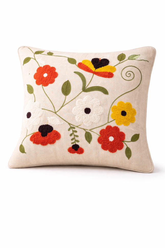 Boho Wildflower Embroidered Cushion Cover – Colorful Floral Cotton Throw Pillow