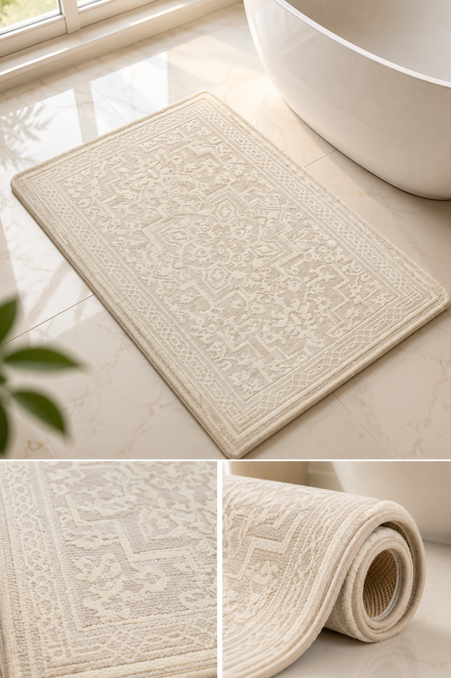 Vintage Cream Bathroom Rug – Foam Plush Cotton Absorbent Bath Mat - 20”x32”