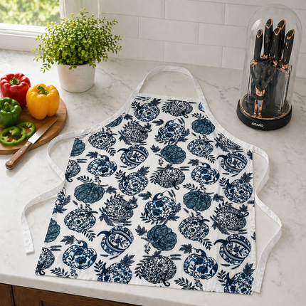 Blue Floral Pumpkin Kitchen Apron – Premium Cotton Cooking & Baking Apron for Women