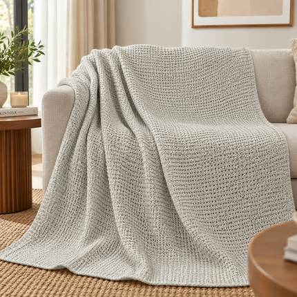 Grey Waffle Knit Throw Blanket – Soft Textured Sofa & Bed Throw | 70 × 90 Inch