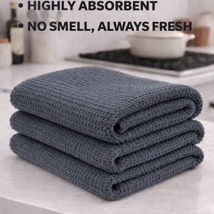 Premium Waffle Weave Kitchen Towel Set of 2 – Quick Dry, Highly Absorbent, Odor-Free Dish Cloth (Dark Grey)
