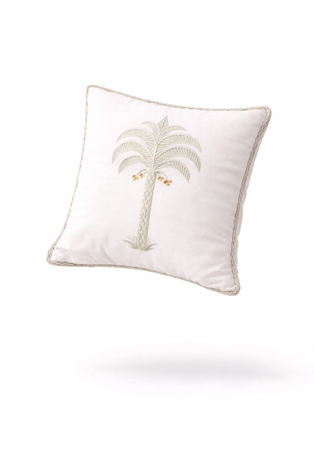 Embroidered Palm Tree Cushion Cover Set of 2 – Neutral Cotton Decorative Throw Pillow Cover with Coastal Boho Design