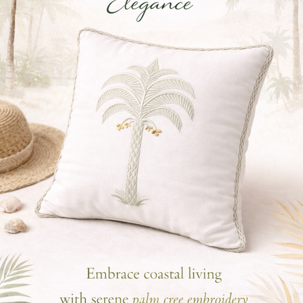 Embroidered Palm Tree Cushion Cover Set of 2 – Neutral Cotton Decorative Throw Pillow Cover with Coastal Boho Design