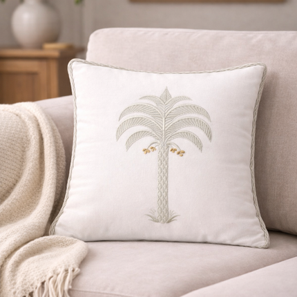 Embroidered Palm Tree Cushion Cover Set of 2 – Neutral Cotton Decorative Throw Pillow Cover with Coastal Boho Design