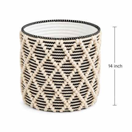 Handwoven Cotton Rope Laundry Basket – Textured Knit Storage Bin with Boho Diamond Pattern