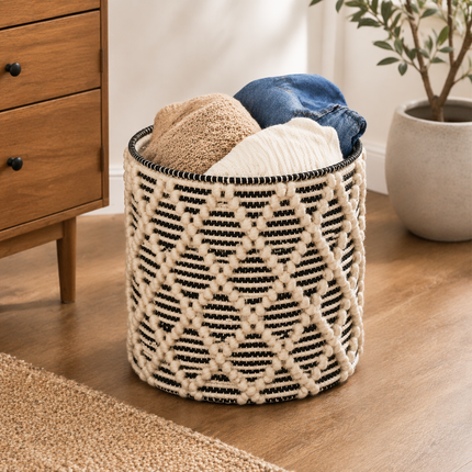 Handwoven Cotton Rope Laundry Basket – Textured Knit Storage Bin with Boho Diamond Pattern