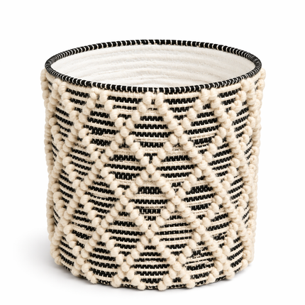 Handwoven Cotton Rope Laundry Basket – Textured Knit Storage Bin with Boho Diamond Pattern