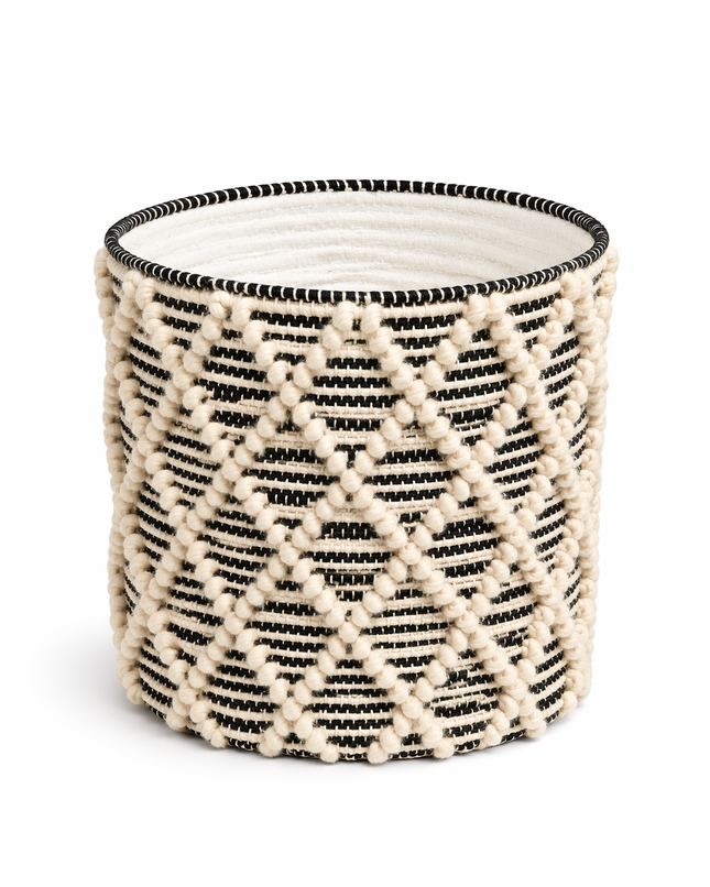 Handwoven Cotton Rope Laundry Basket – Textured Knit Storage Bin with Boho Diamond Pattern