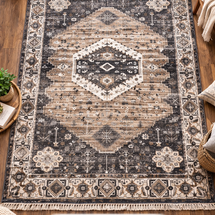 Aangan |  Vintage Medallion Area Rug – Neutral Traditional Carpet - 7x5ft