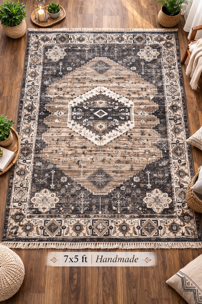 Aangan |  Vintage Medallion Area Rug – Neutral Traditional Carpet - 7x5ft