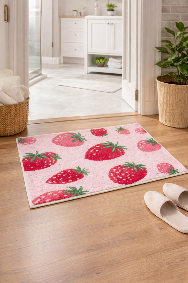 Strawberry Bliss Soft Bath Mat – 16" x 24" Non-Slip Plush Bathroom Rug