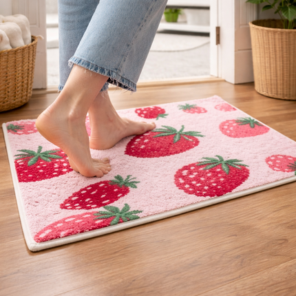 Strawberry Bliss Soft Bath Mat – 16" x 24" Non-Slip Plush Bathroom Rug