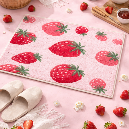 Strawberry Bliss Soft Bath Mat – 16" x 24" Non-Slip Plush Bathroom Rug