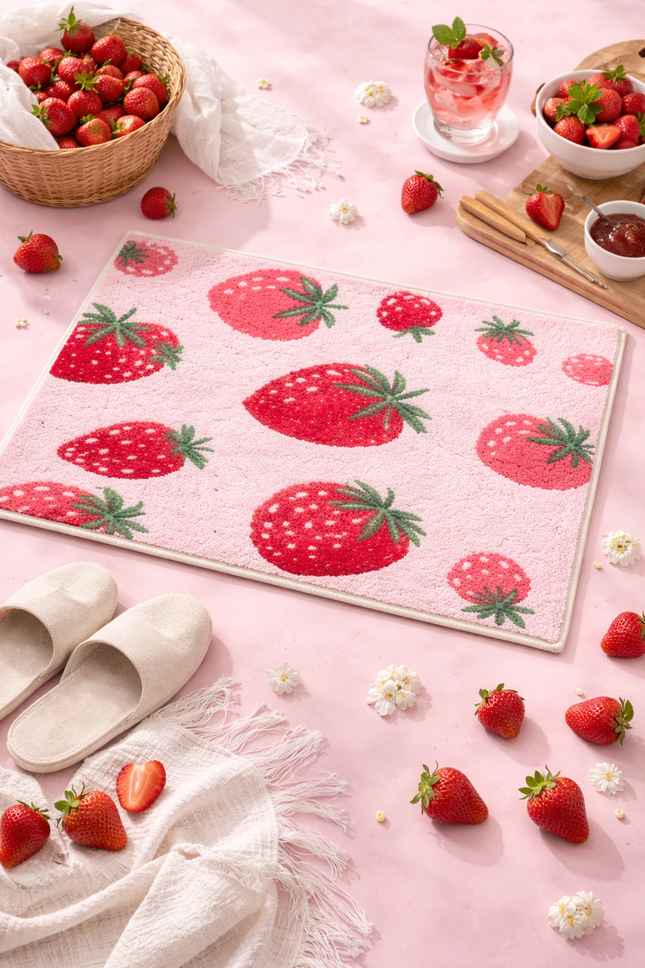 Strawberry Bliss Soft Bath Mat – 16" x 24" Non-Slip Plush Bathroom Rug
