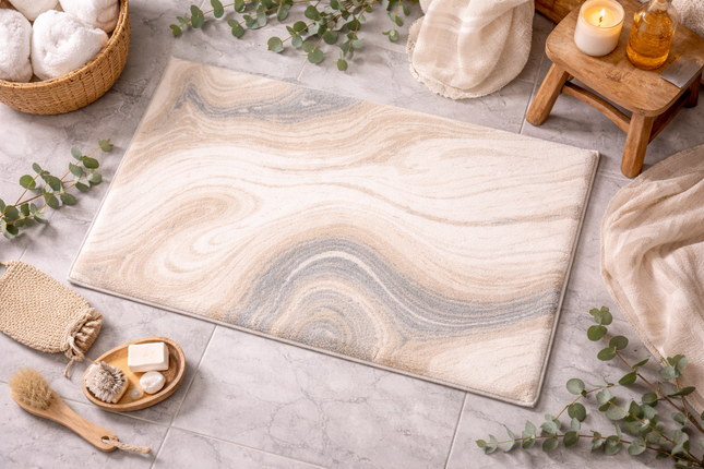 Sand Marble Plush Mat 20" x 32" – Soft Non-Slip Bathroom Rug, Absorbent Marble Pattern Bath Mat, Luxury Neutral Home Decor