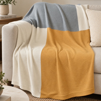Mustard and lvory color block knit Throw
