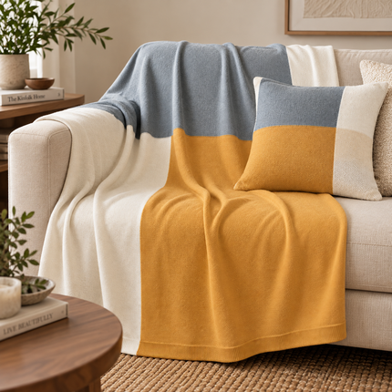 Mustard and lvory color block knit Throw