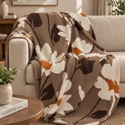 Taupe Floral Knitted Throw .