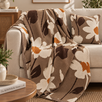 Taupe Floral Knitted Throw .
