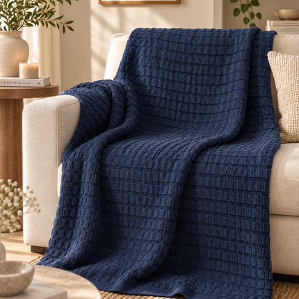 Navy Waffle Knit Throw .