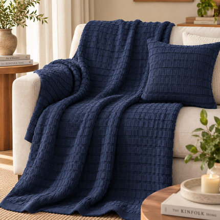 Navy Waffle Knit Throw .