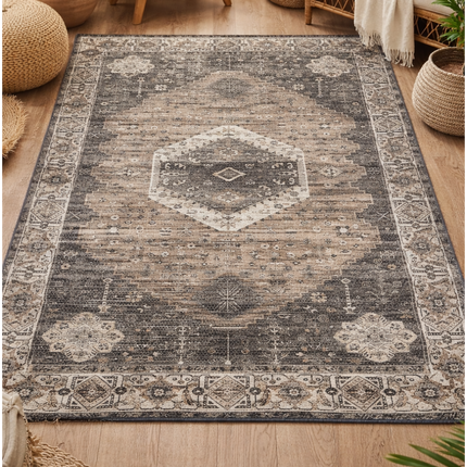 Aangan |  Vintage Medallion Area Rug – Neutral Traditional Carpet - 7x5ft