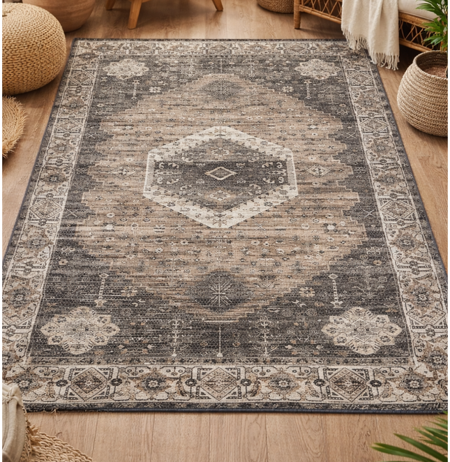 Aangan |  Vintage Medallion Area Rug – Neutral Traditional Carpet - 7x5ft