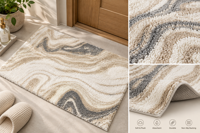 Loom & Linen Marble Chenille Doormat – Soft Absorbent Floor Mat for Entrance, Bedroom & Bathroom - Beige