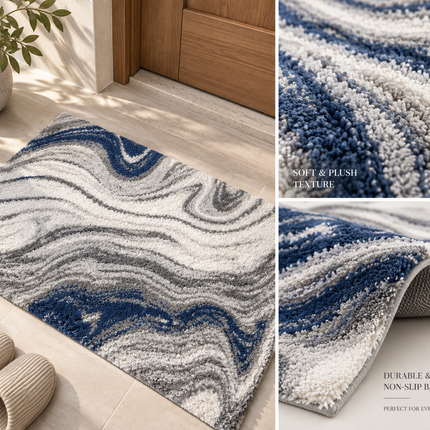 Loom & Linen Marble Chenille Doormat – Soft Absorbent Floor Mat for Entrance, Bedroom & Bathroom - Blue