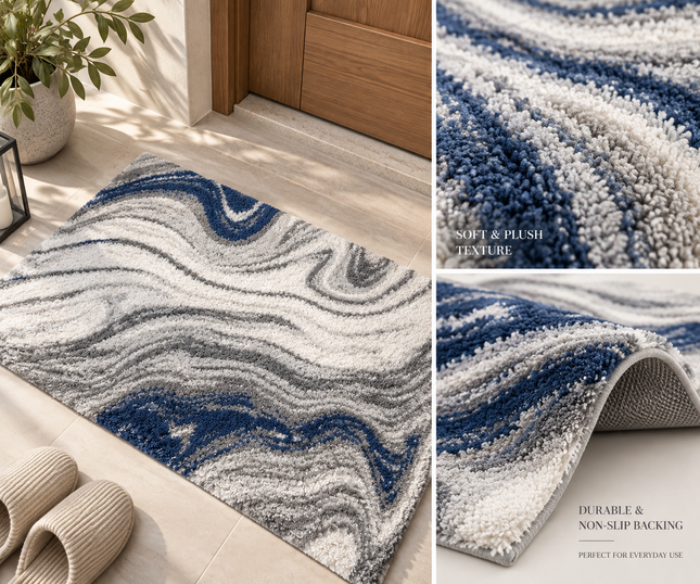 Loom & Linen Marble Chenille Doormat – Soft Absorbent Floor Mat for Entrance, Bedroom & Bathroom - Blue