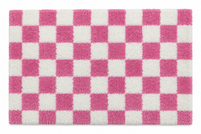 Loom & Linen Checkered Chenille Doormat 20x32”– Soft Absorbent Floor Mat for Entrance, Bedroom & Bathroom - Pink