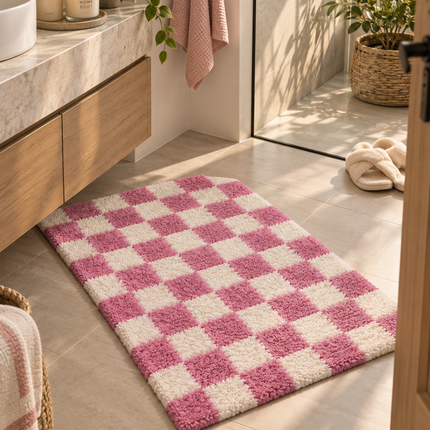 Loom & Linen Checkered Chenille Doormat 20x32”– Soft Absorbent Floor Mat for Entrance, Bedroom & Bathroom - Pink